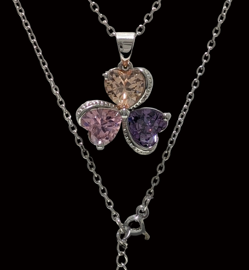 Multicolor Three-Heart Clover Pendant Necklace – Pink, Purple & Champagne Gemstone Necklace | Silver-Tone Jewelry