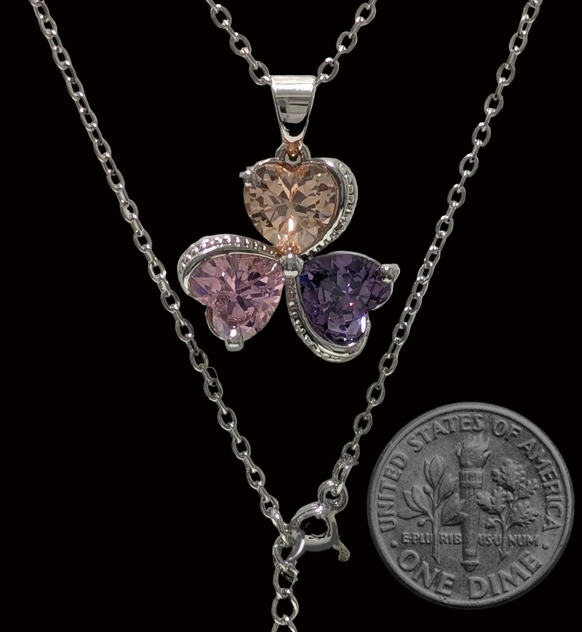 Multicolor Three-Heart Clover Pendant Necklace – Pink, Purple & Champagne Gemstone Necklace | Silver-Tone Jewelry