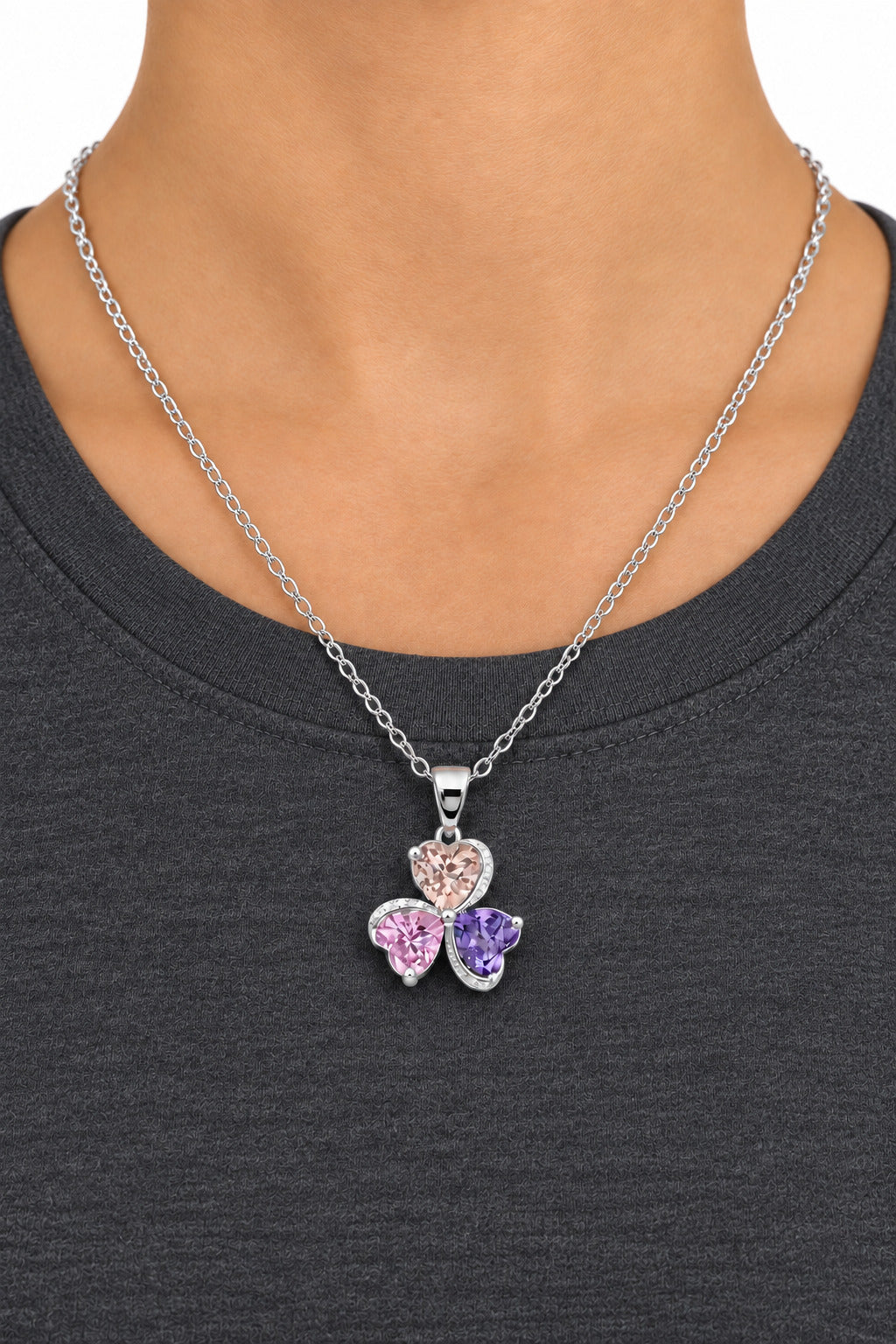 Multicolor Three-Heart Clover Pendant Necklace – Pink, Purple & Champagne Gemstone Necklace | Silver-Tone Jewelry