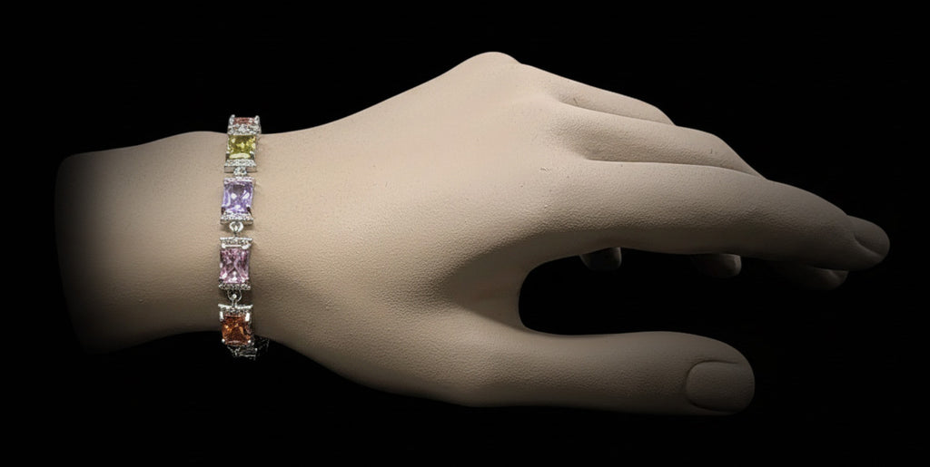 Custom Handcrafted Lab-Created Pastel Multi-Color Emerald-Cut - Gemstone Bracelet - Hypoallergenic Bracelet