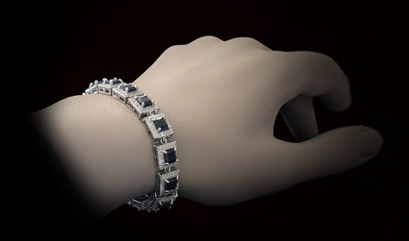 Black Princess Cut Tennis Bracelet – Luxury Black Gemstone Bracelet - Hypoallergenic - 14K White Gold Plated - Custom Handcrafted