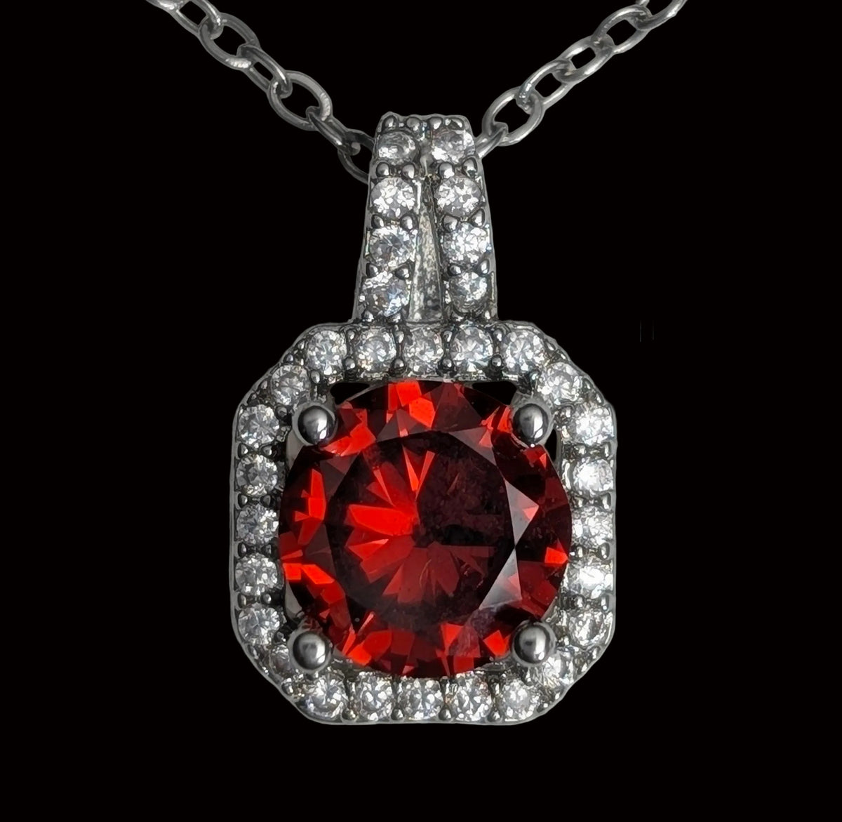 Lab-Created Ruby Red Cushion-Cut Halo Pendant Necklace – Elegant Red Lab-Created Gemstone Necklace | Silver-Tone Jewelry for Women