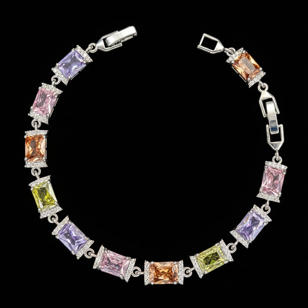 Custom Handcrafted Lab-Created Pastel Multi-Color Emerald-Cut - Gemstone Bracelet - Hypoallergenic Bracelet