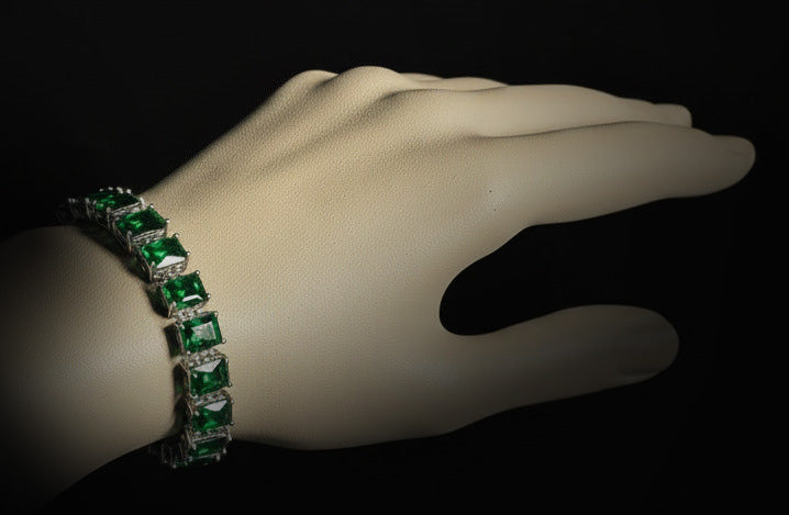 Custom Handcrafted Lab-Created Emerald Green Emerald-Cut - Gemstone Bracelet - Hypoallergenic Bracelet