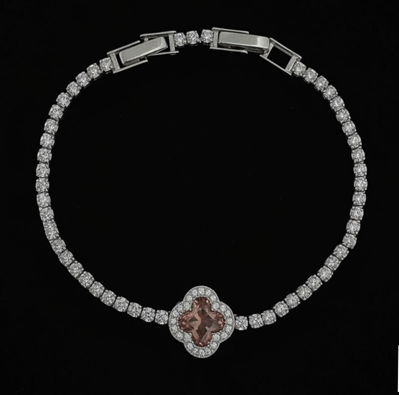 Blush Pink Clover Tennis Bracelet – Sparkling Lab-Created Halo Bracelet | Elegant Silver-Tone Jewelry for Women