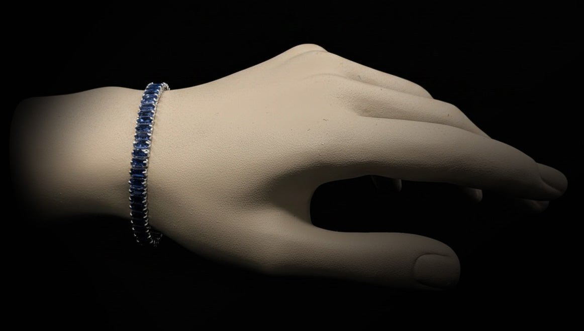 Custom Handcrafted Lab-Created Royal Sapphire Blue Baguette Tennis - Gemstone Bracelet - Hypoallergenic Bracelet
