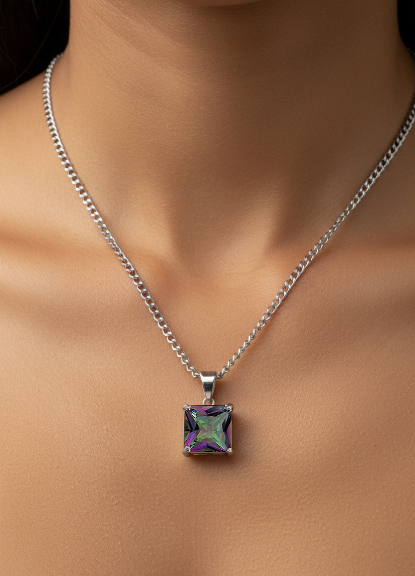 Mystic Rainbow Princess Cut Pendant Necklace – Color-Changing Crystal Necklace | Hypoallergenic