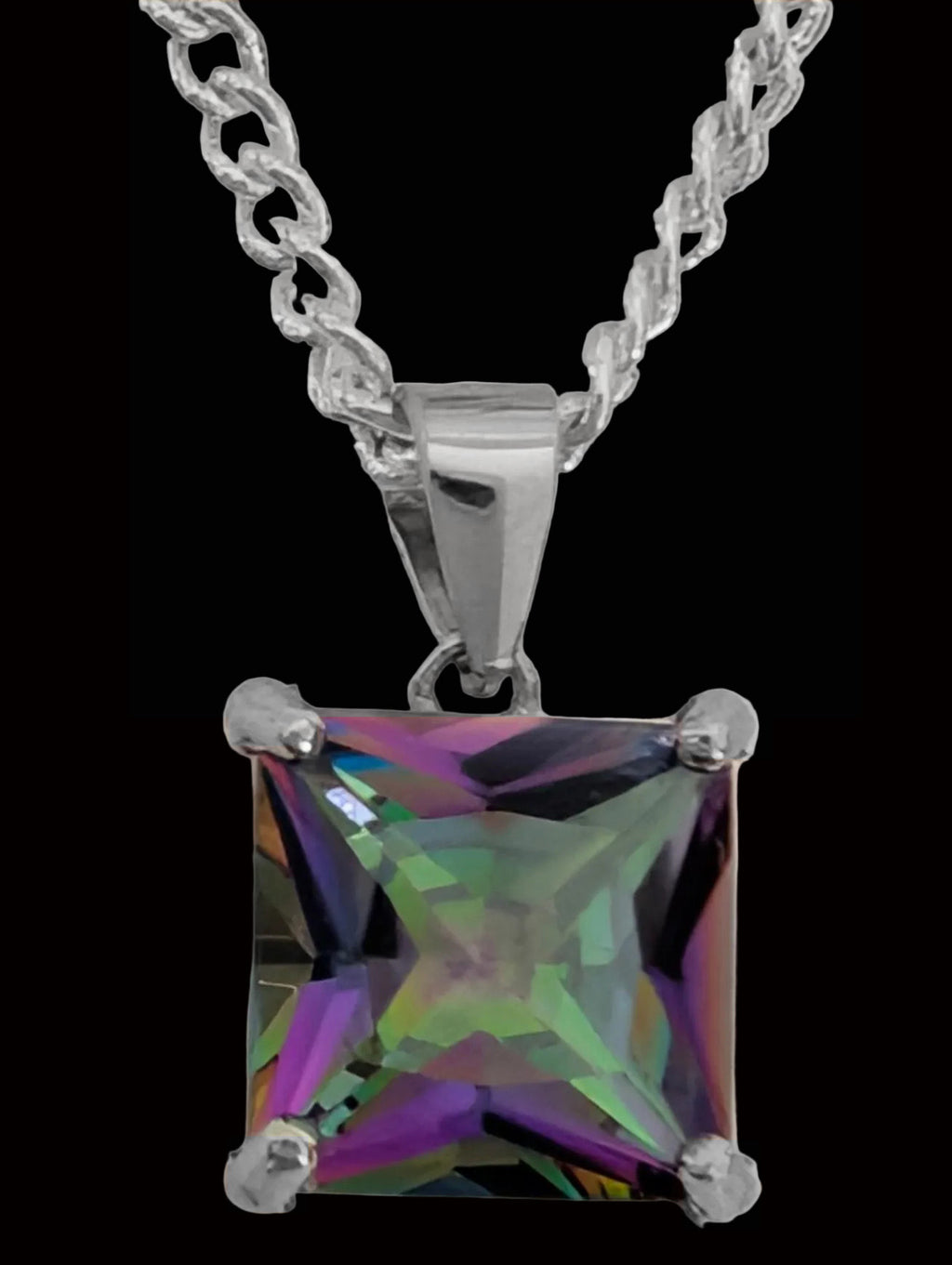 Mystic Rainbow Princess Cut Pendant Necklace – Color-Changing Crystal Necklace | Hypoallergenic