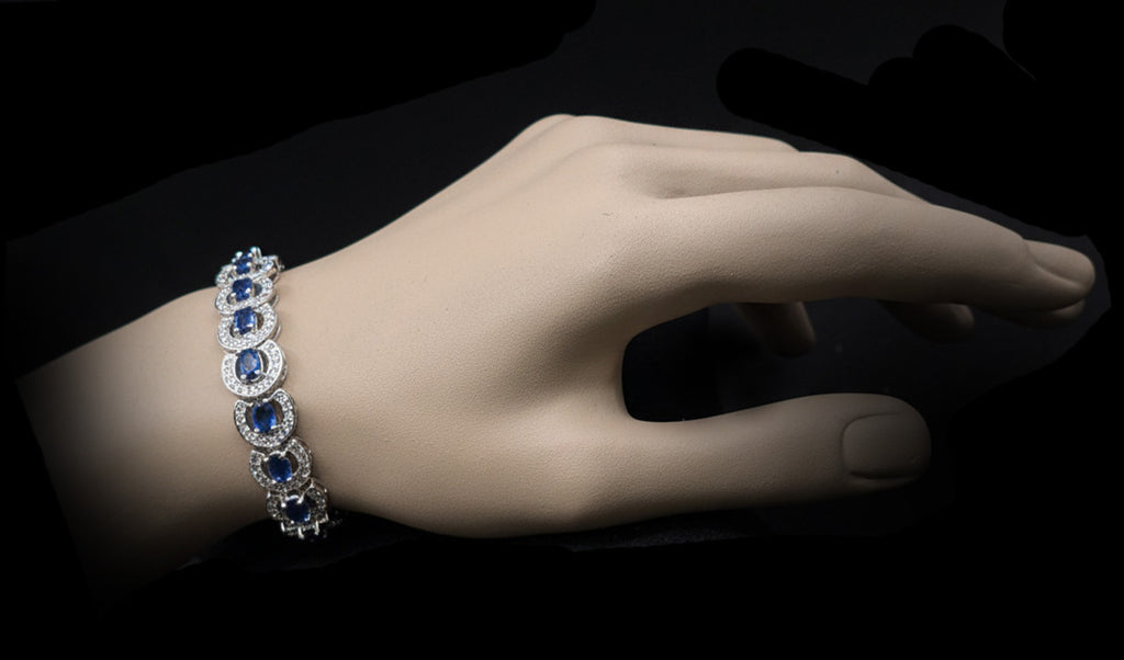 Elegant Lab-Created Blue Sapphire Halo - Gemstone Bracelet - Hypoallergenic Bracelet - Custom Handcrafted