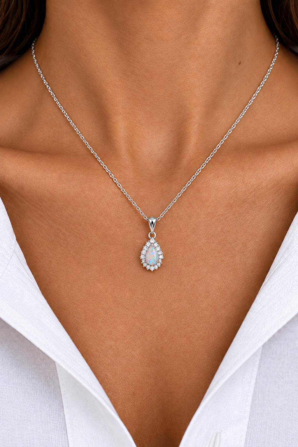 Opal Teardrop Halo Pendant Necklace – Iridescent Opal-Style Lab-Created Gemstone Necklace | Elegant Silver-Tone Jewelry for Women
