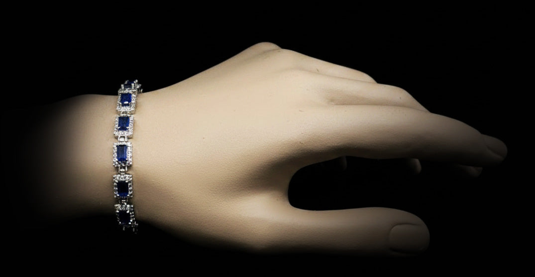 Custom Handcrafted Lab-Created Royal Sapphire Blue Emerald-Cut - Gemstone Bracelet - Hypoallergenic Bracelet