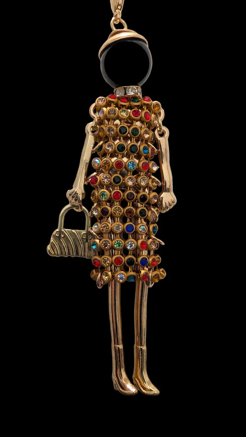 Crystal Lady Pendant Necklace – Whimsical Fashion Doll Necklace | Gold-Tone Statement Jewelry | Colorful Rhinestone Pendant