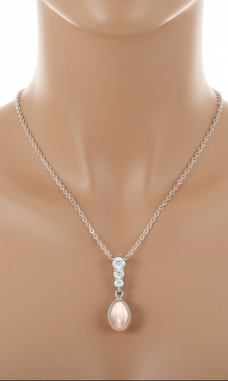Blush Pink Natural Pearl Drop Necklace – Lab-Created Gemstone Accent Pendant -Elegant Silver-Tone Jewelry for Women