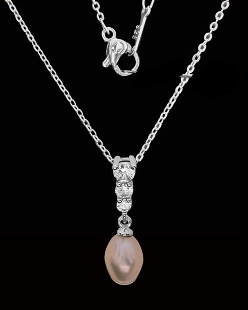 Blush Pink Natural Pearl Drop Necklace – Lab-Created Gemstone Accent Pendant -Elegant Silver-Tone Jewelry for Women