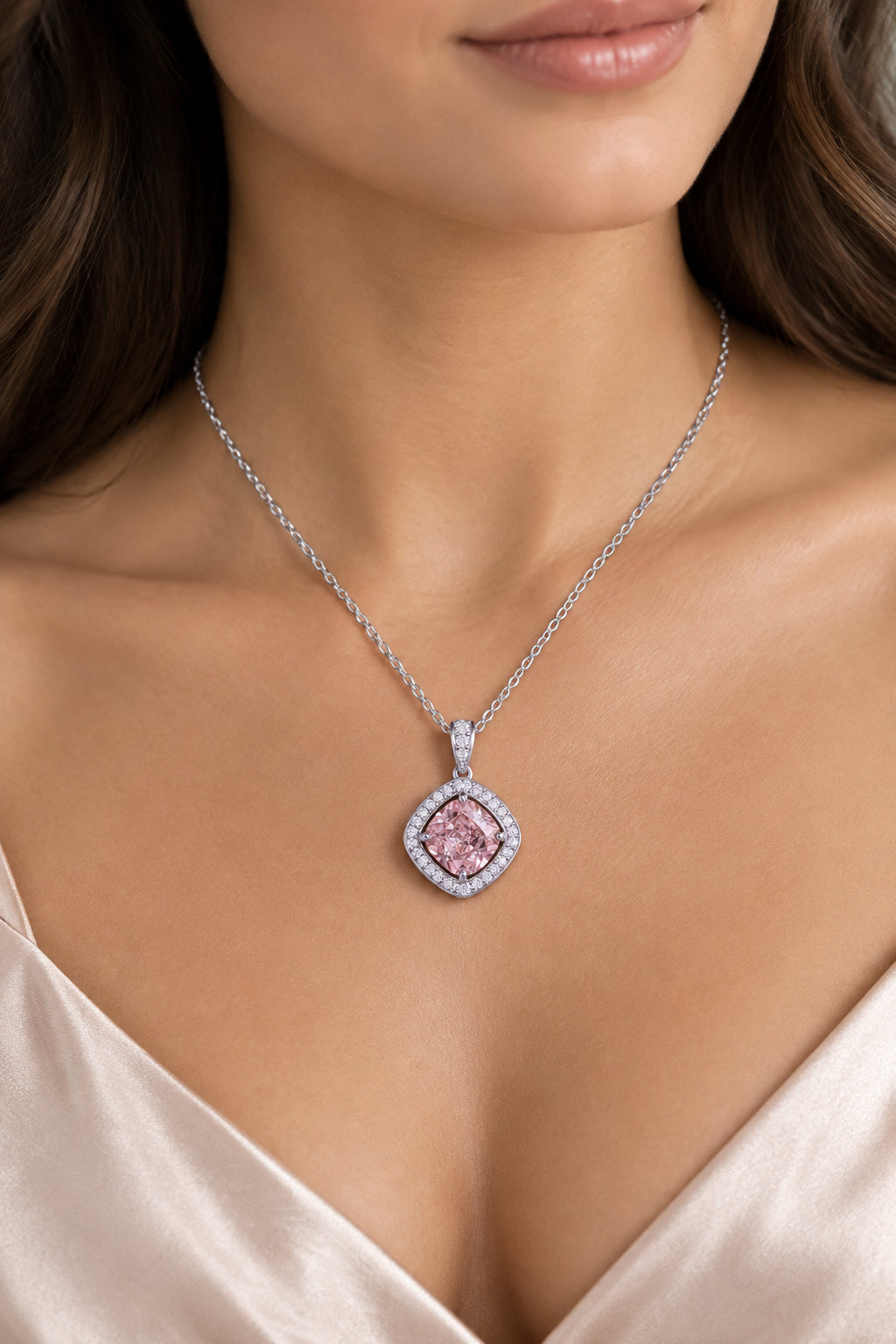 Pink Cushion-Cut Halo Pendant Necklace – Sparkling Pink Gemstone Necklace | Silver-Tone Jewelry for Women