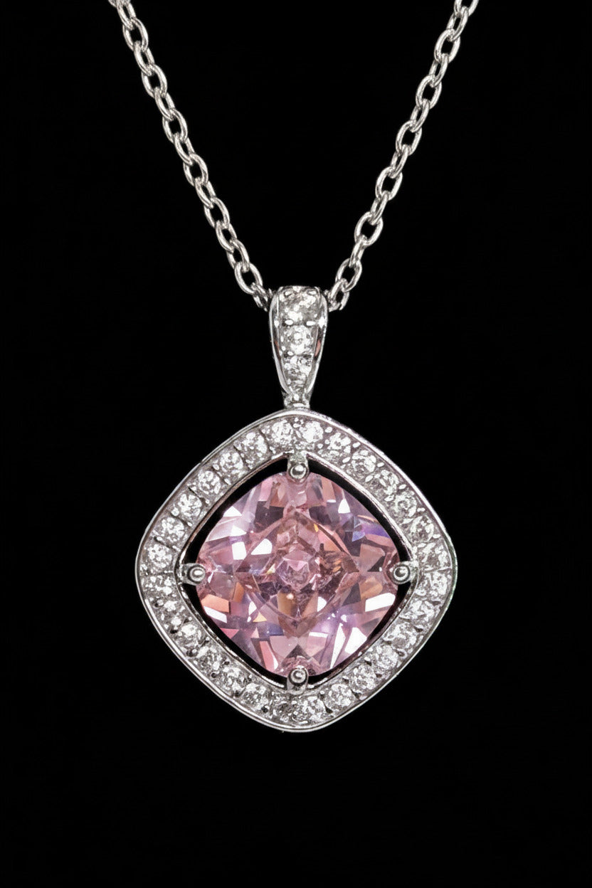 Pink Cushion-Cut Halo Pendant Necklace – Sparkling Pink Gemstone Necklace | Silver-Tone Jewelry for Women