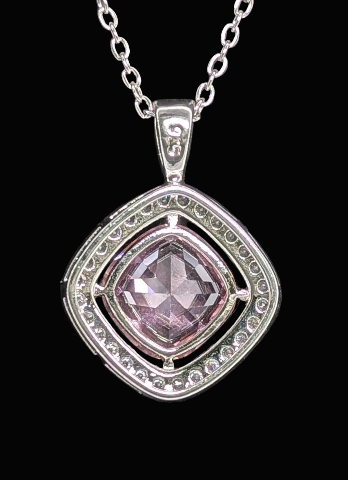 Pink Cushion-Cut Halo Pendant Necklace – Sparkling Pink Gemstone Necklace | Silver-Tone Jewelry for Women