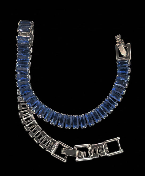 Custom Handcrafted Lab-Created Royal Sapphire Blue Baguette Tennis - Gemstone Bracelet - Hypoallergenic Bracelet