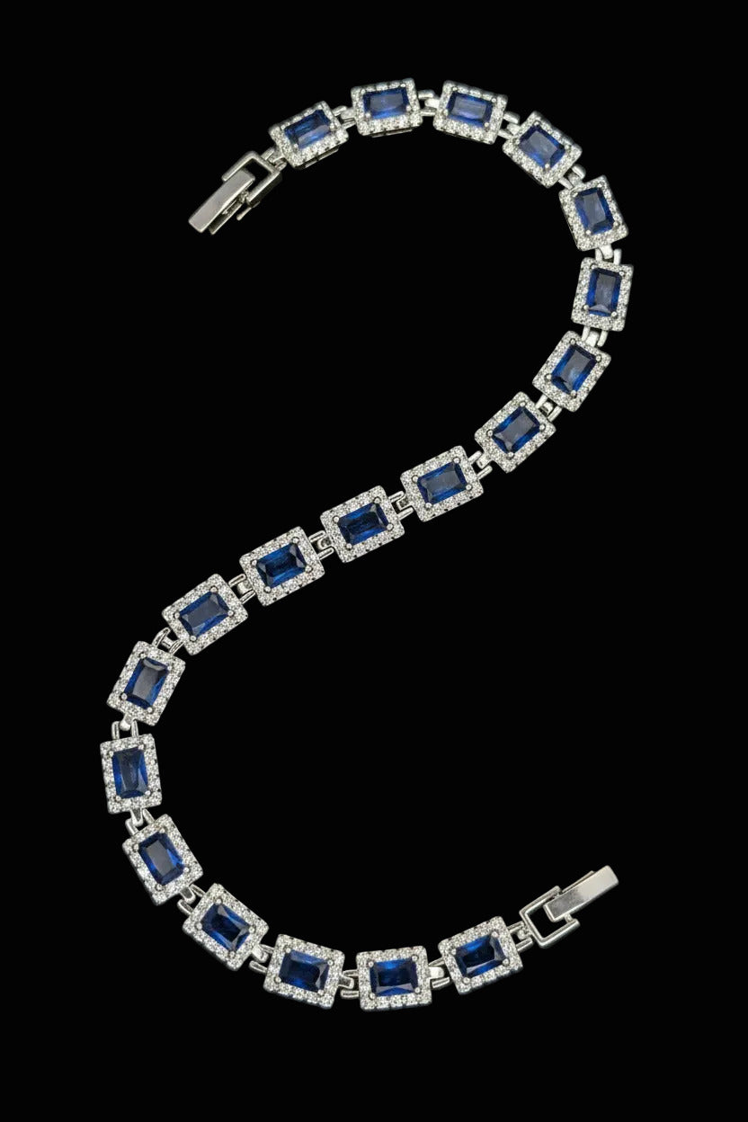 Custom Handcrafted Lab-Created Royal Sapphire Blue Emerald-Cut - Gemstone Bracelet - Hypoallergenic Bracelet