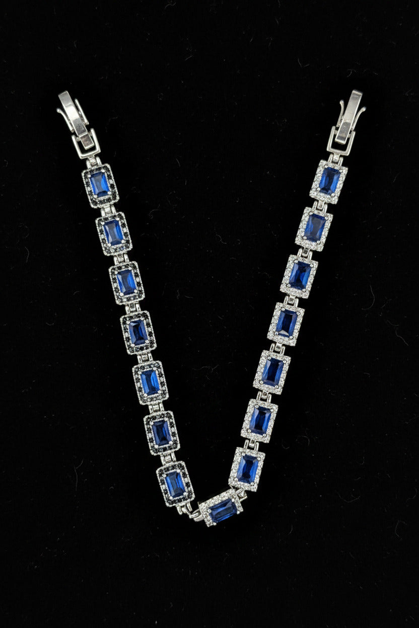 Custom Handcrafted Lab-Created Royal Sapphire Blue Emerald-Cut - Gemstone Bracelet - Hypoallergenic Bracelet
