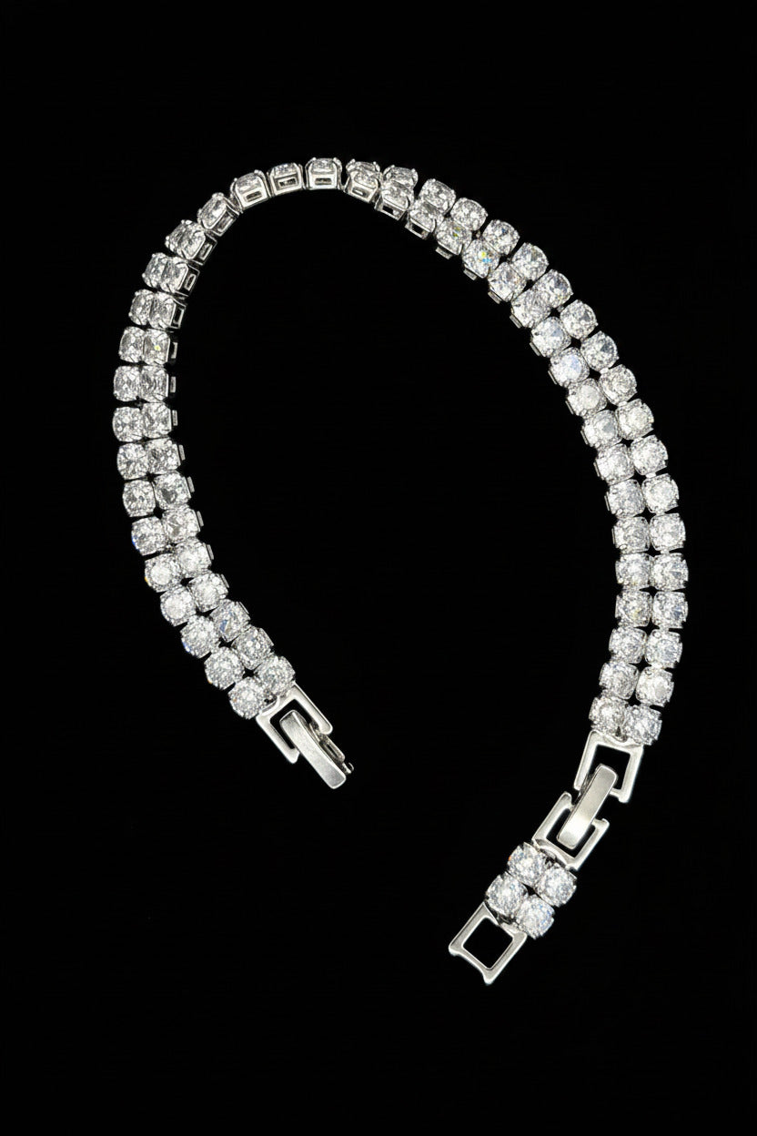 Custom Handcrafted Lab-Created Double Row Clear Tennis - Gemstone Bracelet - Hypoallergenic Bracelet