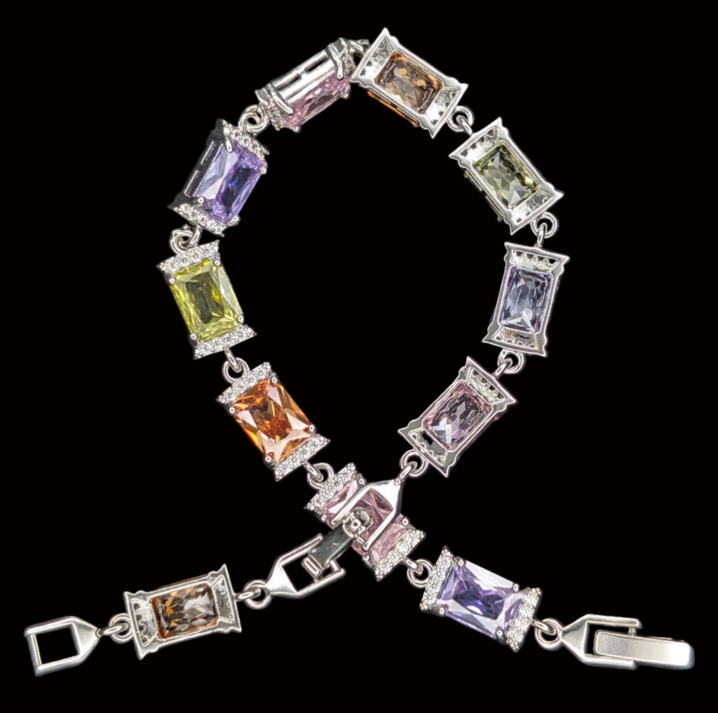 Custom Handcrafted Lab-Created Pastel Multi-Color Emerald-Cut - Gemstone Bracelet - Hypoallergenic Bracelet