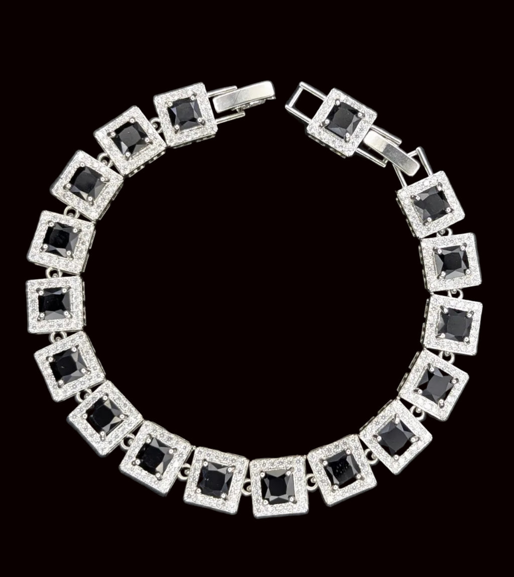 Black Princess Cut Tennis Bracelet – Luxury Black Gemstone Bracelet - Hypoallergenic - 14K White Gold Plated - Custom Handcrafted