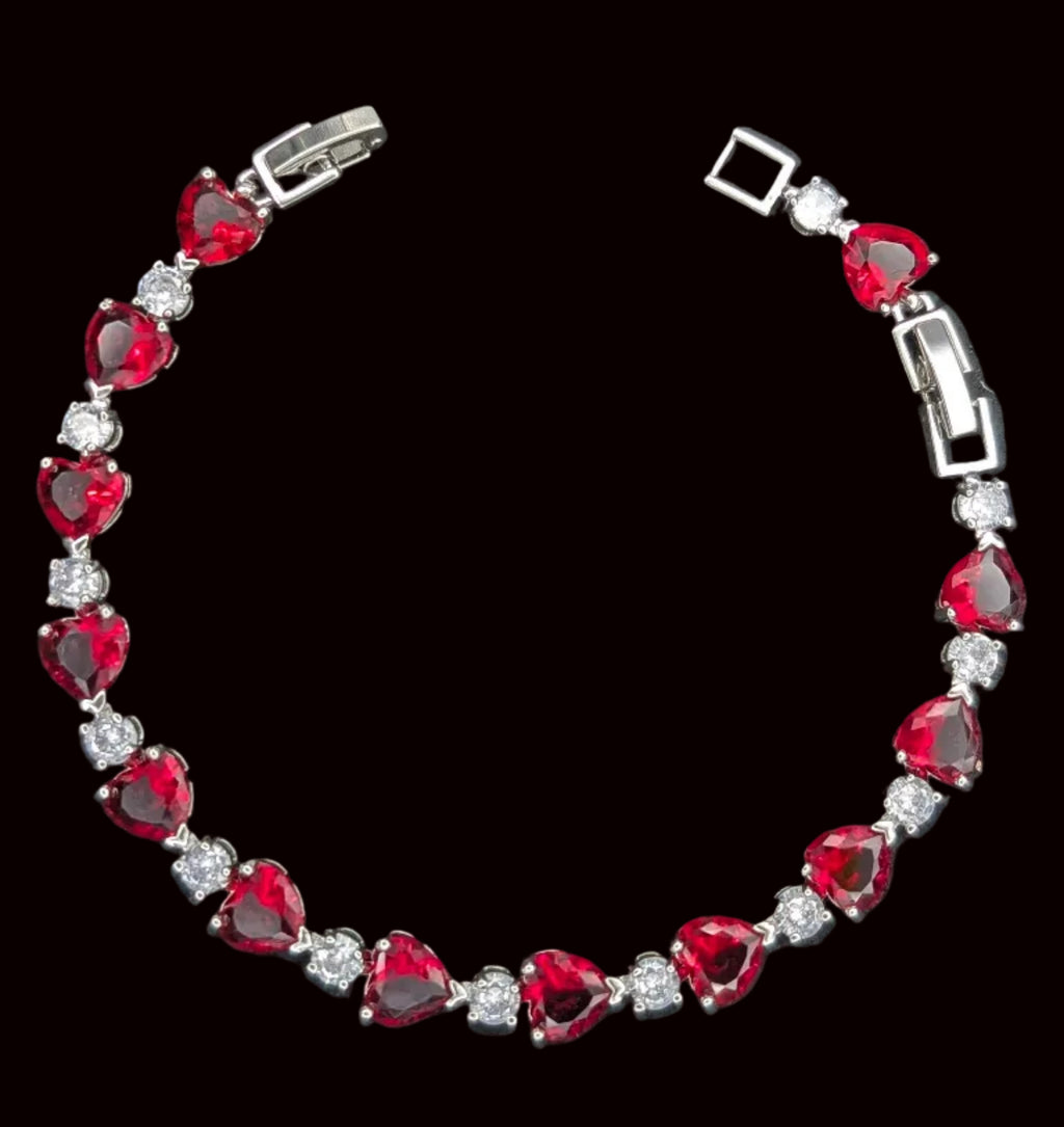 Ruby Red Heart Tennis Bracelet – Romantic Red Lab-Created Gemstone & Clear Stone Bracelet - Hypoallergenic Bracelet - Custom Handcrafted
