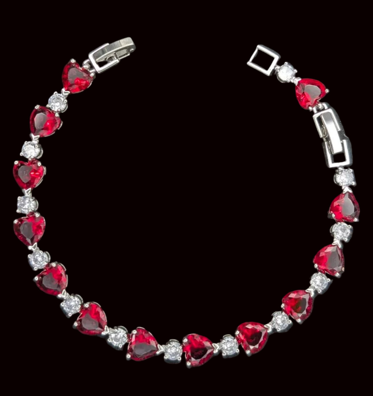 Ruby Red Heart Tennis Bracelet – Romantic Red Lab-Created Gemstone & Clear Stone Bracelet - Hypoallergenic Bracelet - Custom Handcrafted