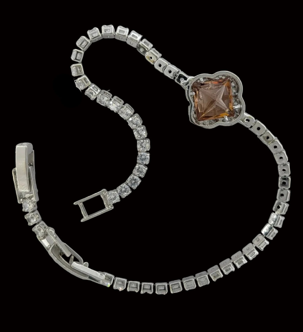 Blush Pink Clover Tennis Bracelet – Sparkling Lab-Created Halo Bracelet | Elegant Silver-Tone Jewelry for Women