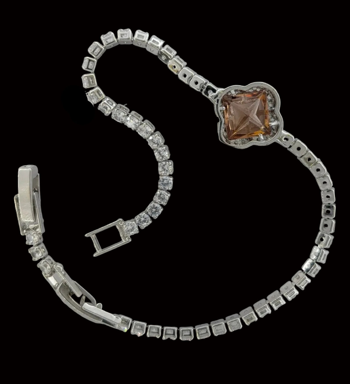 Blush Pink Clover Tennis Bracelet – Sparkling Lab-Created Halo Bracelet | Elegant Silver-Tone Jewelry for Women