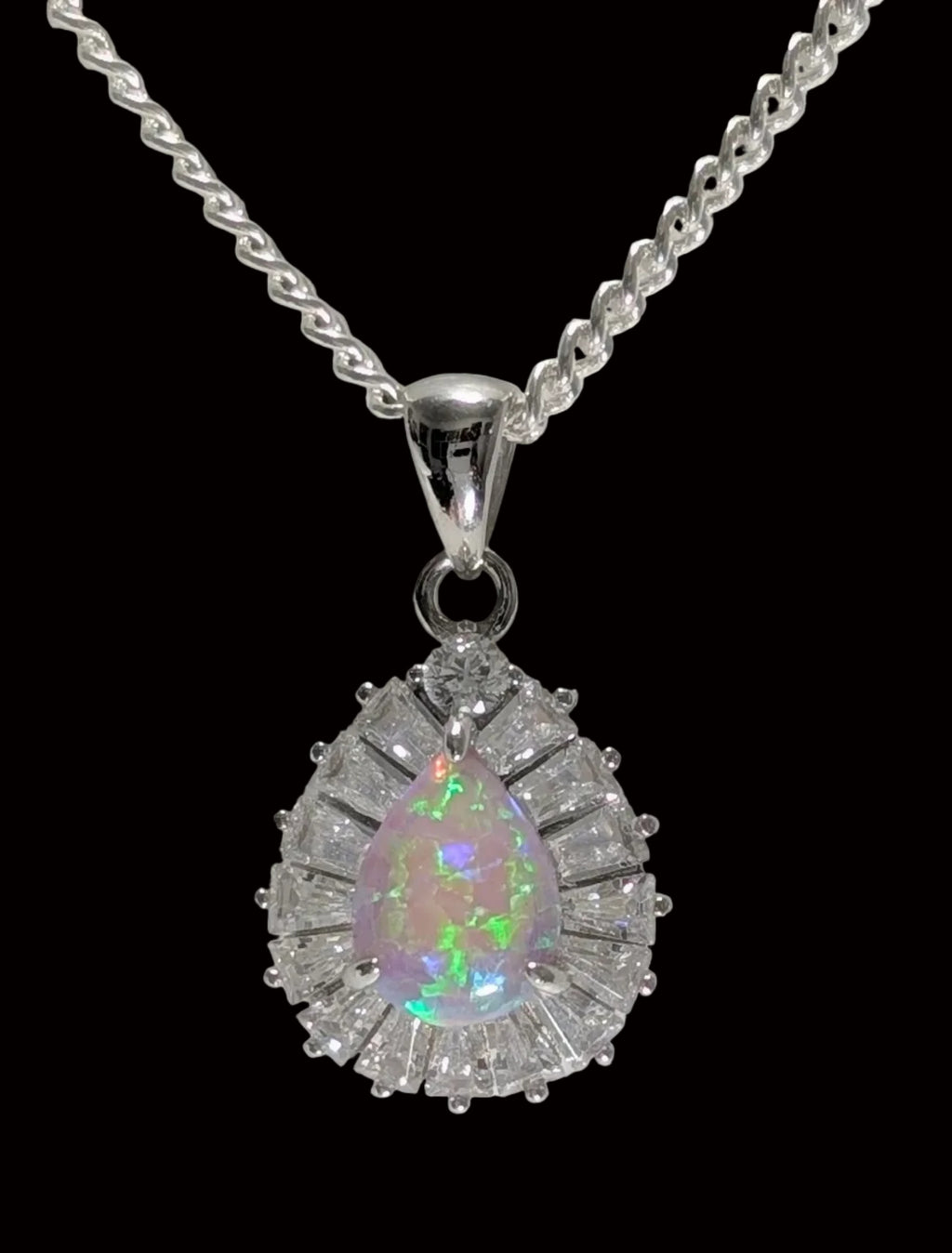 Opal Teardrop Halo Pendant Necklace – Iridescent Opal-Style Lab-Created Gemstone Necklace | Elegant Silver-Tone Jewelry for Women