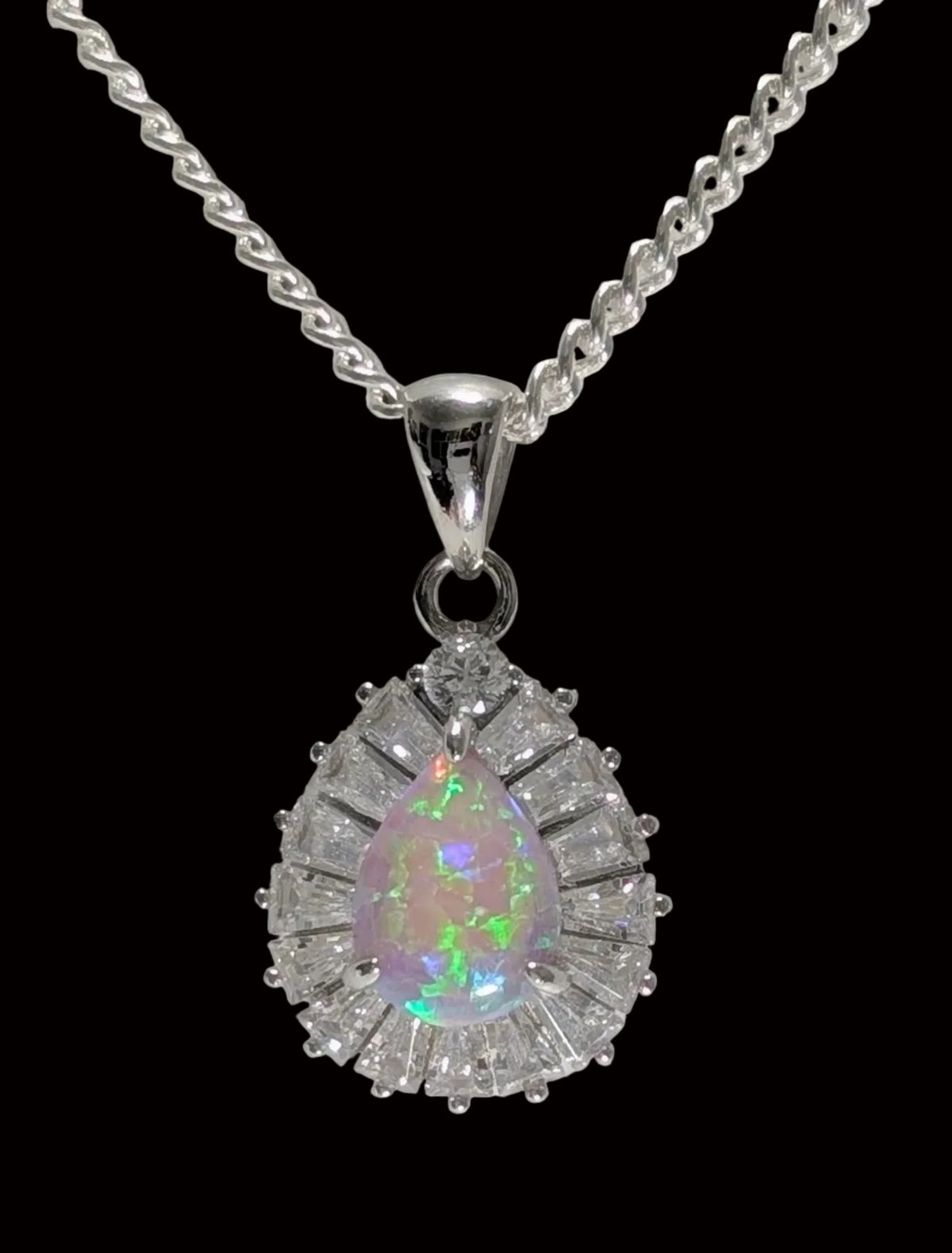 Opal Teardrop Halo Pendant Necklace – Iridescent Opal-Style Lab-Created Gemstone Necklace | Elegant Silver-Tone Jewelry for Women