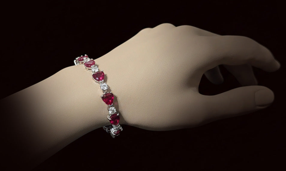 Ruby Red Heart Tennis Bracelet – Romantic Red Lab-Created Gemstone & Clear Stone Bracelet - Hypoallergenic Bracelet - Custom Handcrafted