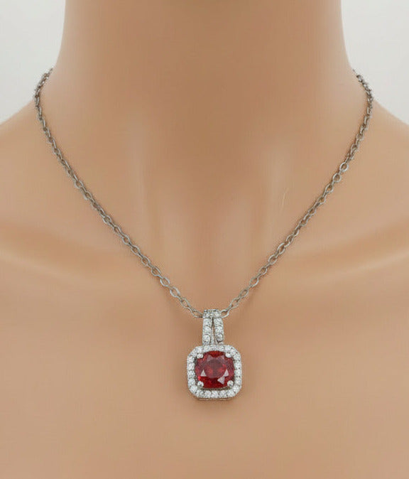 Lab-Created Ruby Red Cushion-Cut Halo Pendant Necklace – Elegant Red Lab-Created Gemstone Necklace | Silver-Tone Jewelry for Women