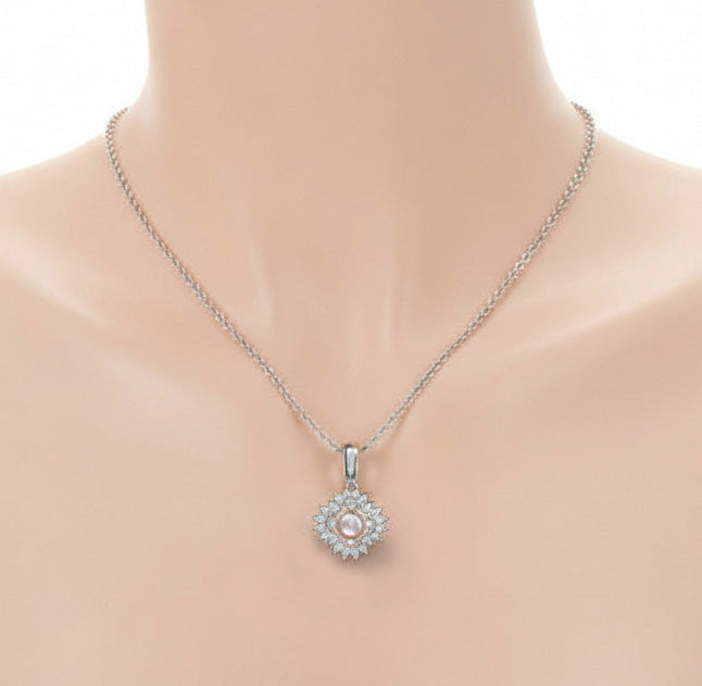 Natural Pearl & Gemstone Starburst Pendant Necklace – Elegant Silver-Tone Natural Pearl Necklace for Women