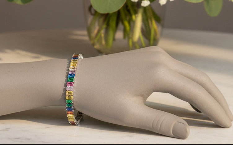 Lab Created Multi 3mm Tennis Moissanite Bracelet - Hypoallergenic Bracelet – Gifts For Birthdays, Anniversary, Wedding, Prom, Christmas, Engagement